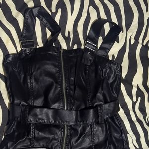 Black Faux Leather Belted Dress